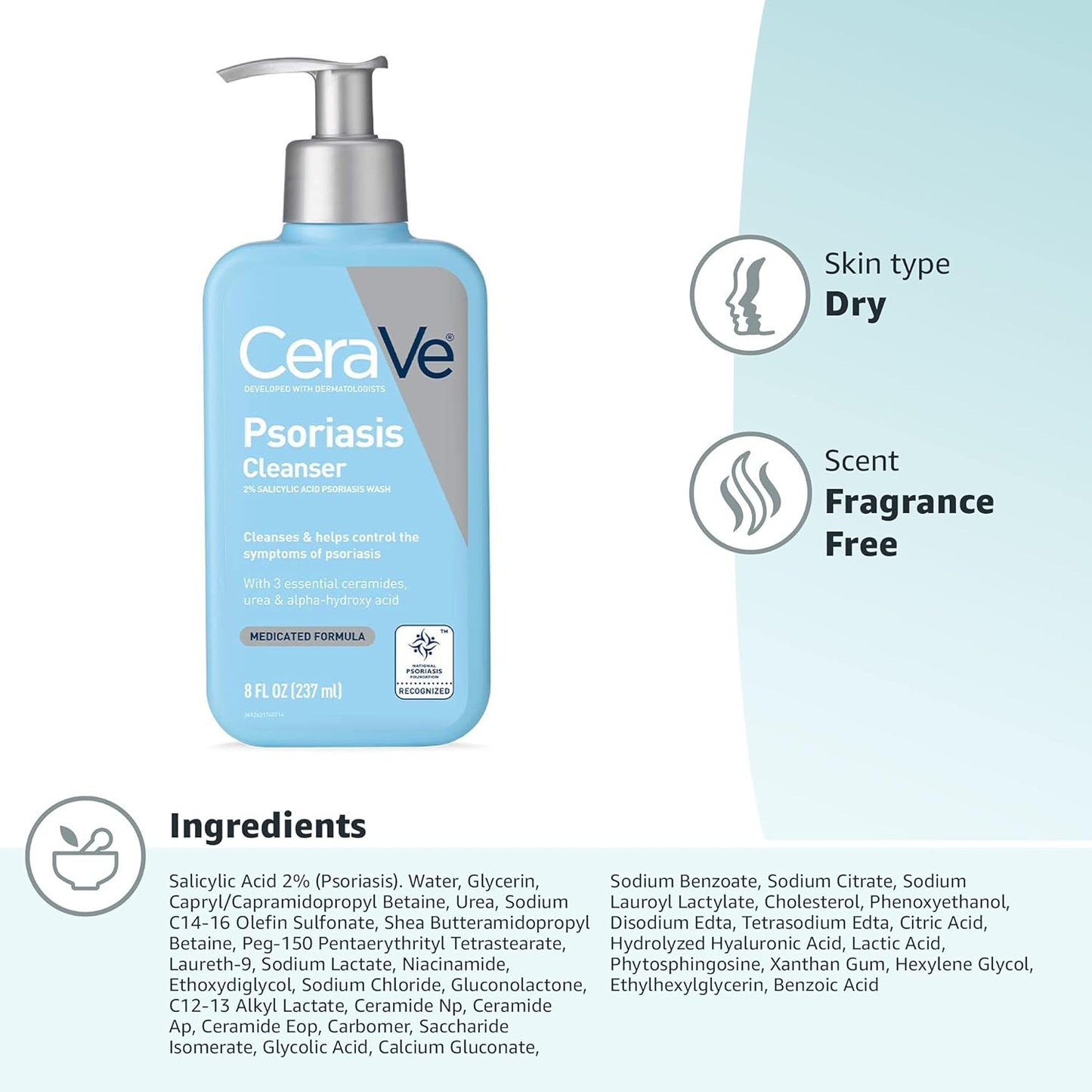 CeraVe Cleanser for Psoriasis Treatment | With Salicylic Acid for Dry Skin Itch Relief & Latic Acid for Exfoliation | Fragrance Free & Allergy Tested